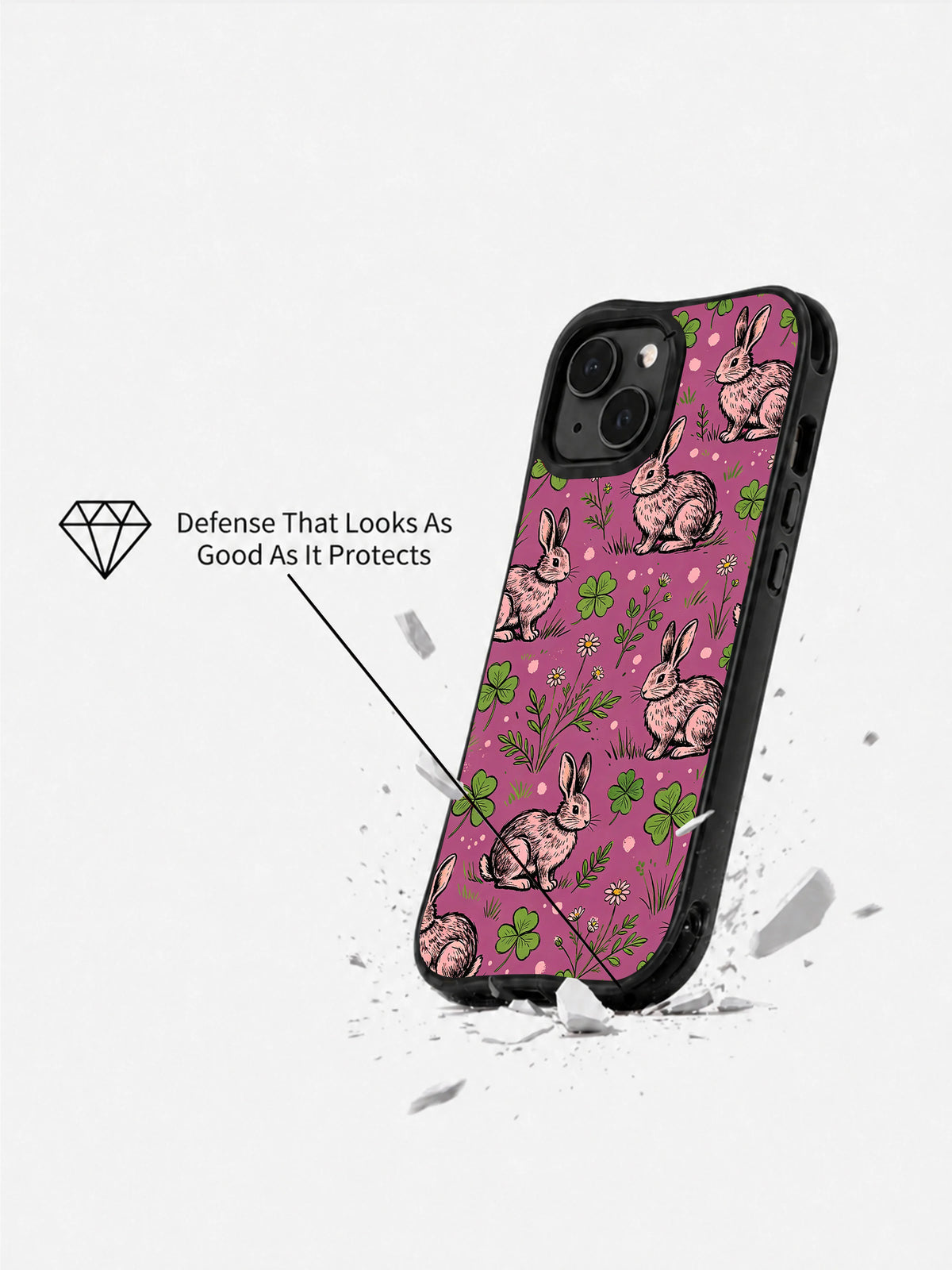 Raspberry Hare Clover Meadow: angled case above an illustrated broken surface.