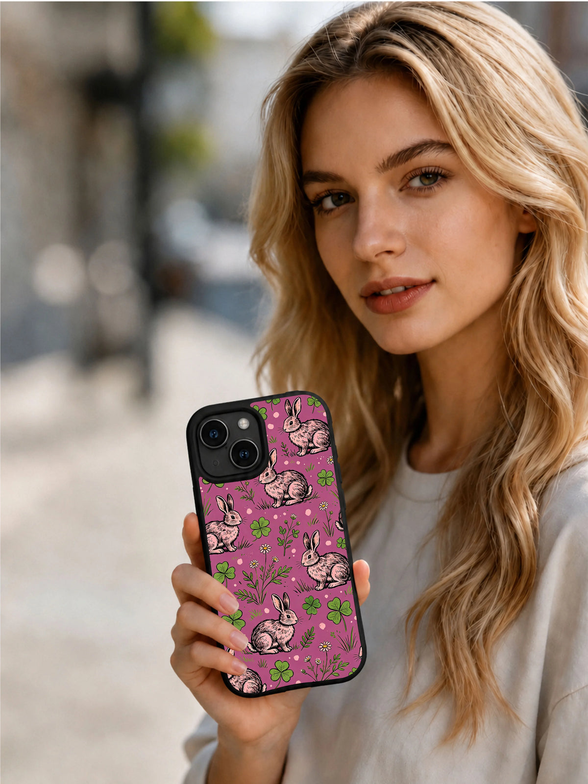Model holding raspberry hare clover iPhone 14 Plus case