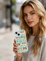 Model holding cream blue hermit crab iPhone 14 Plus case
