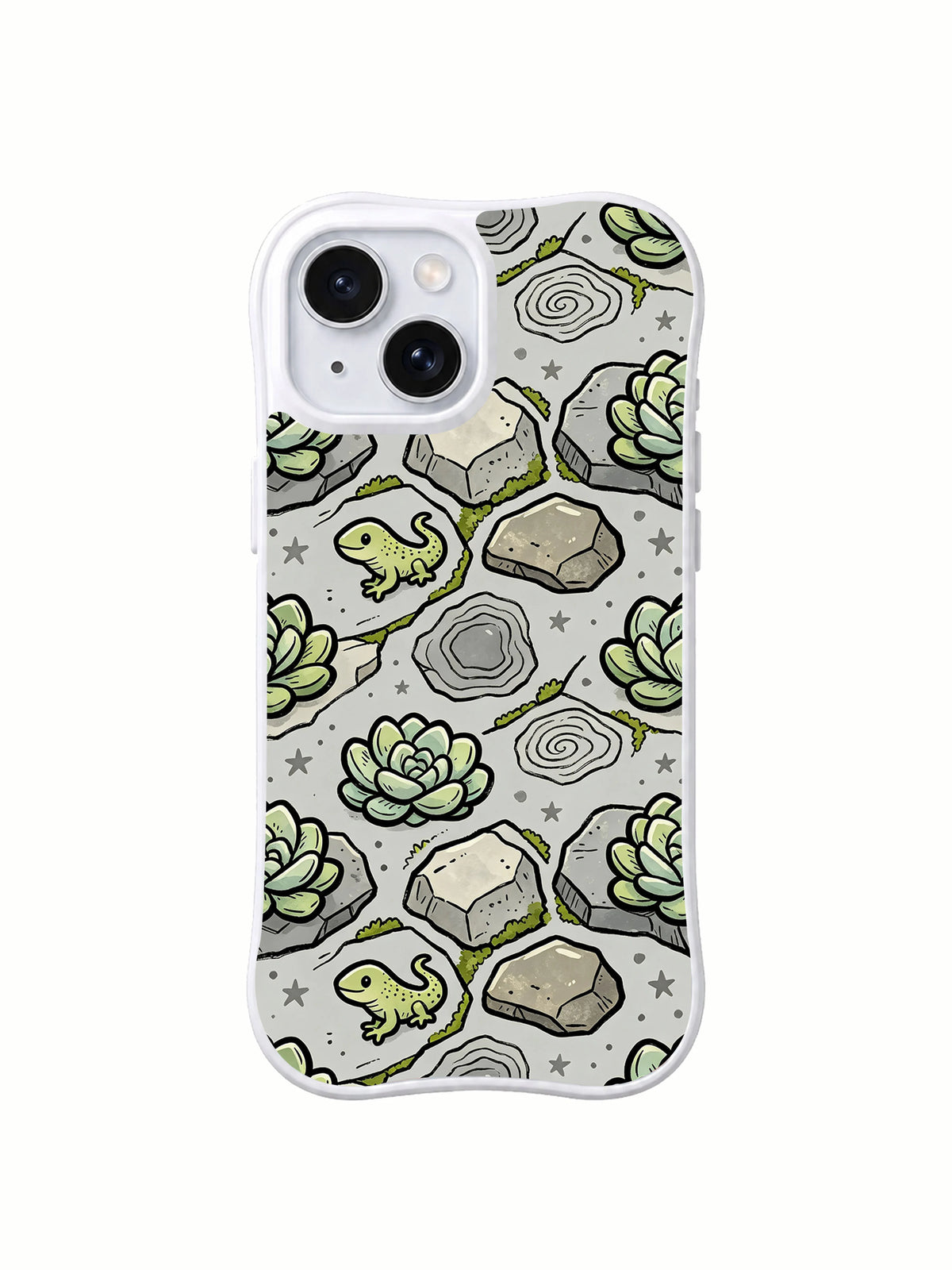 Mist gray lizard rock garden iPhone 14 Plus case front view