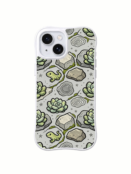 Mist gray lizard rock garden iPhone 14 Plus case front view