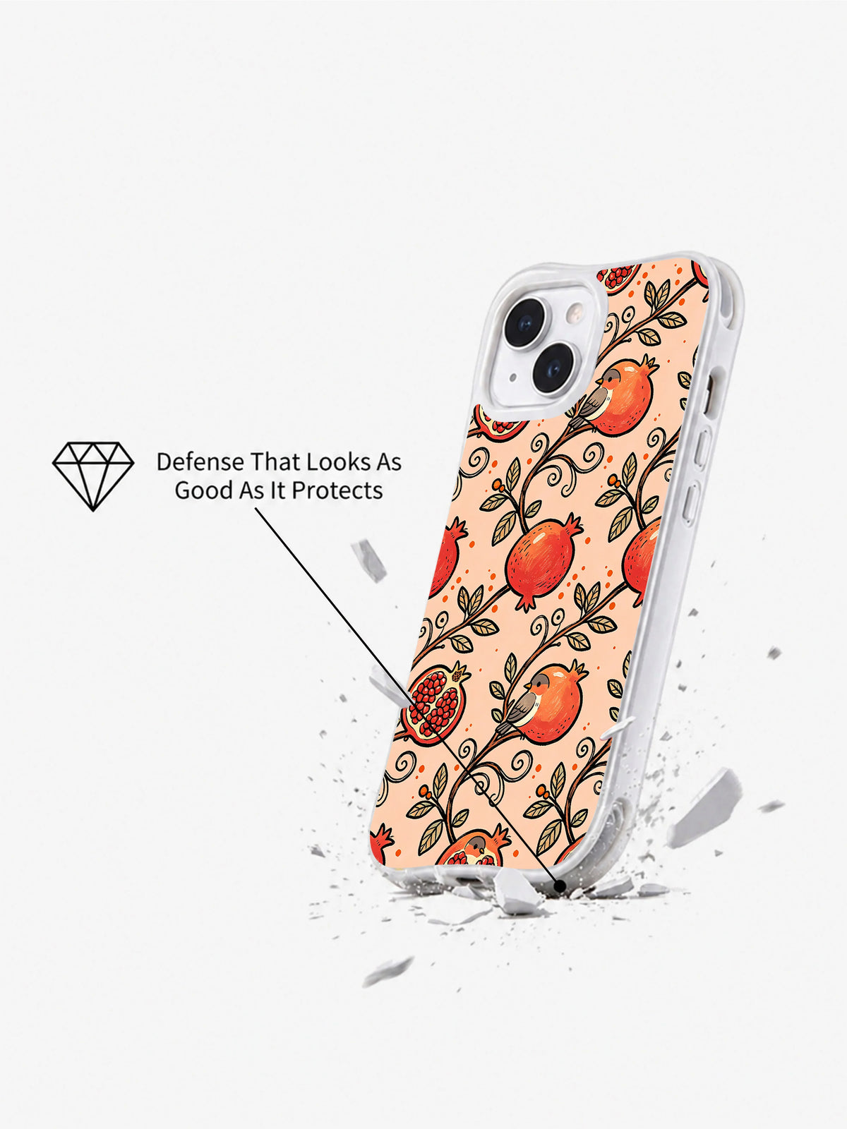 Peach Pomegranate Bird Garden: angled case above an illustrated broken surface.