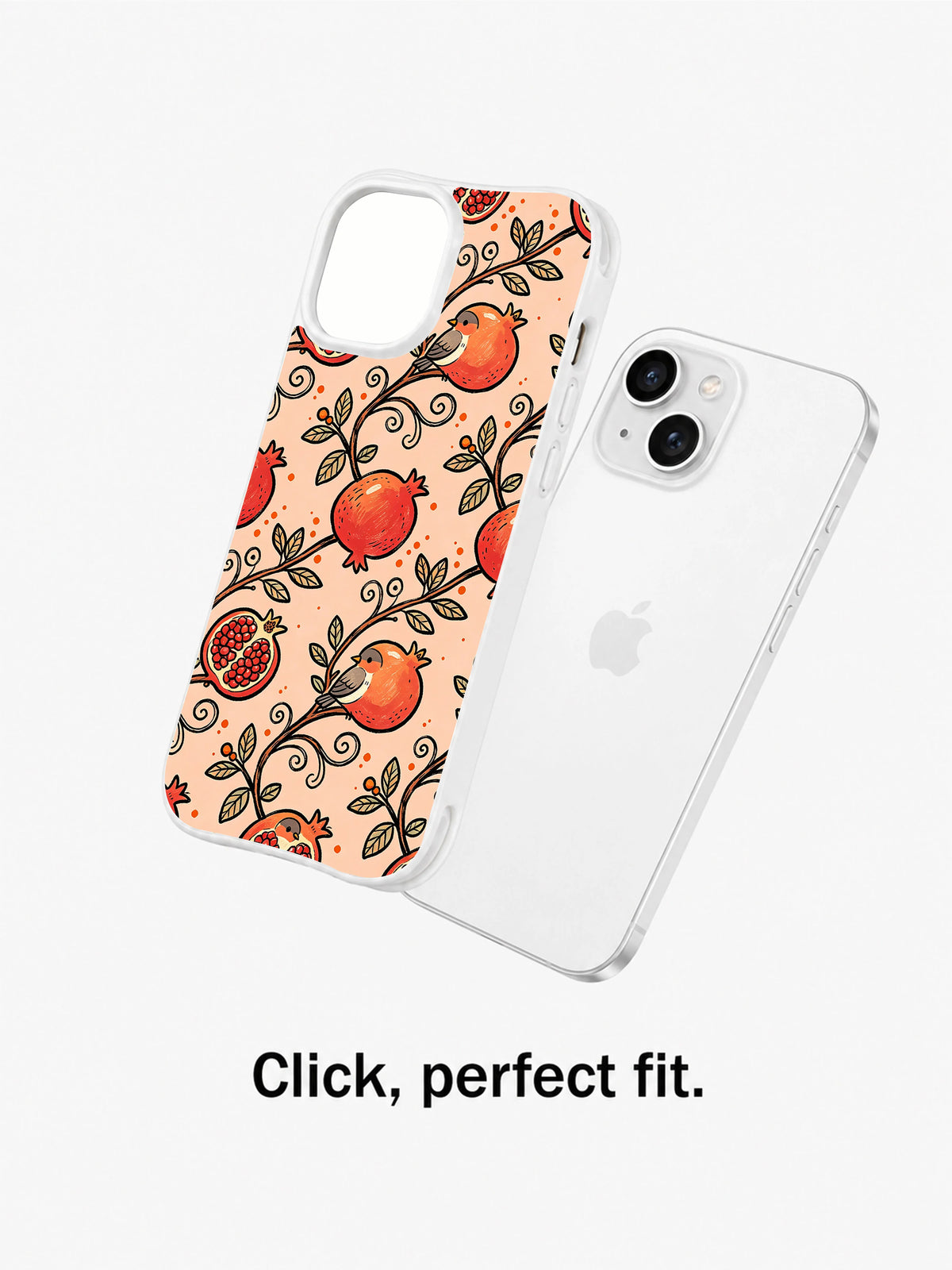 Peach Pomegranate Bird Garden: case shown separately beside a phone.