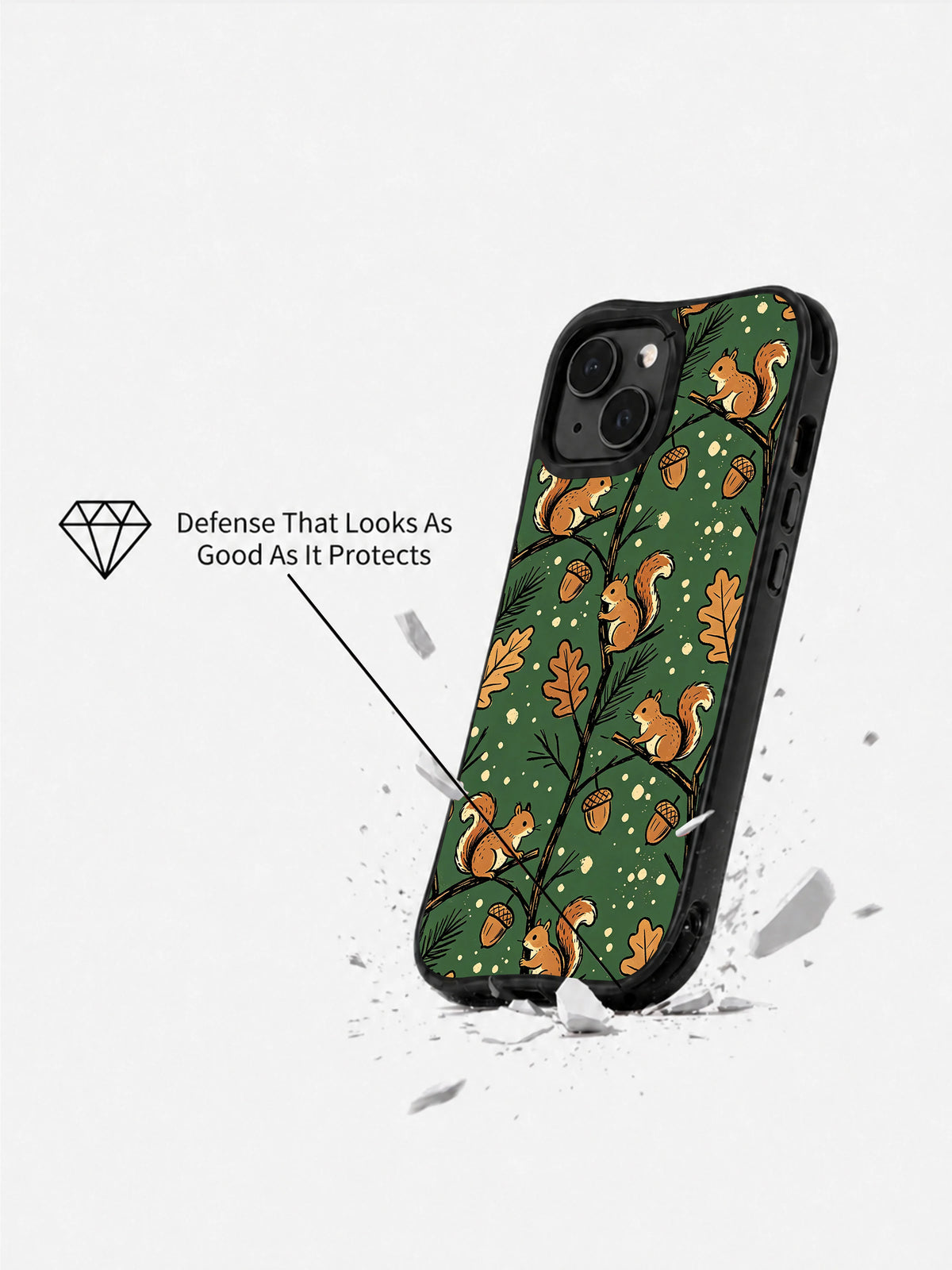 Dark Green Squirrel Acorn Forest: angled case above an illustrated broken surface.