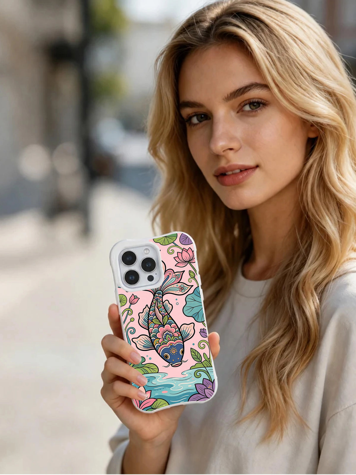 Spring Petal Fish Festival iPhone 14 Pro case lifestyle view