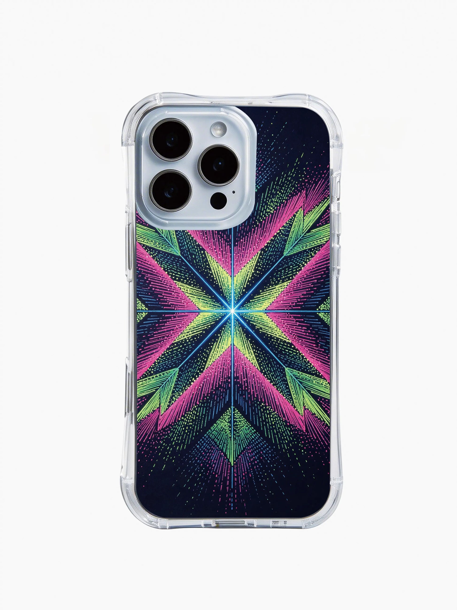  PhoneCasing iPhone 14 Pro Max Case with a luminous stippled neon design, anti-scratch transparent case with dark cosmic tones.
