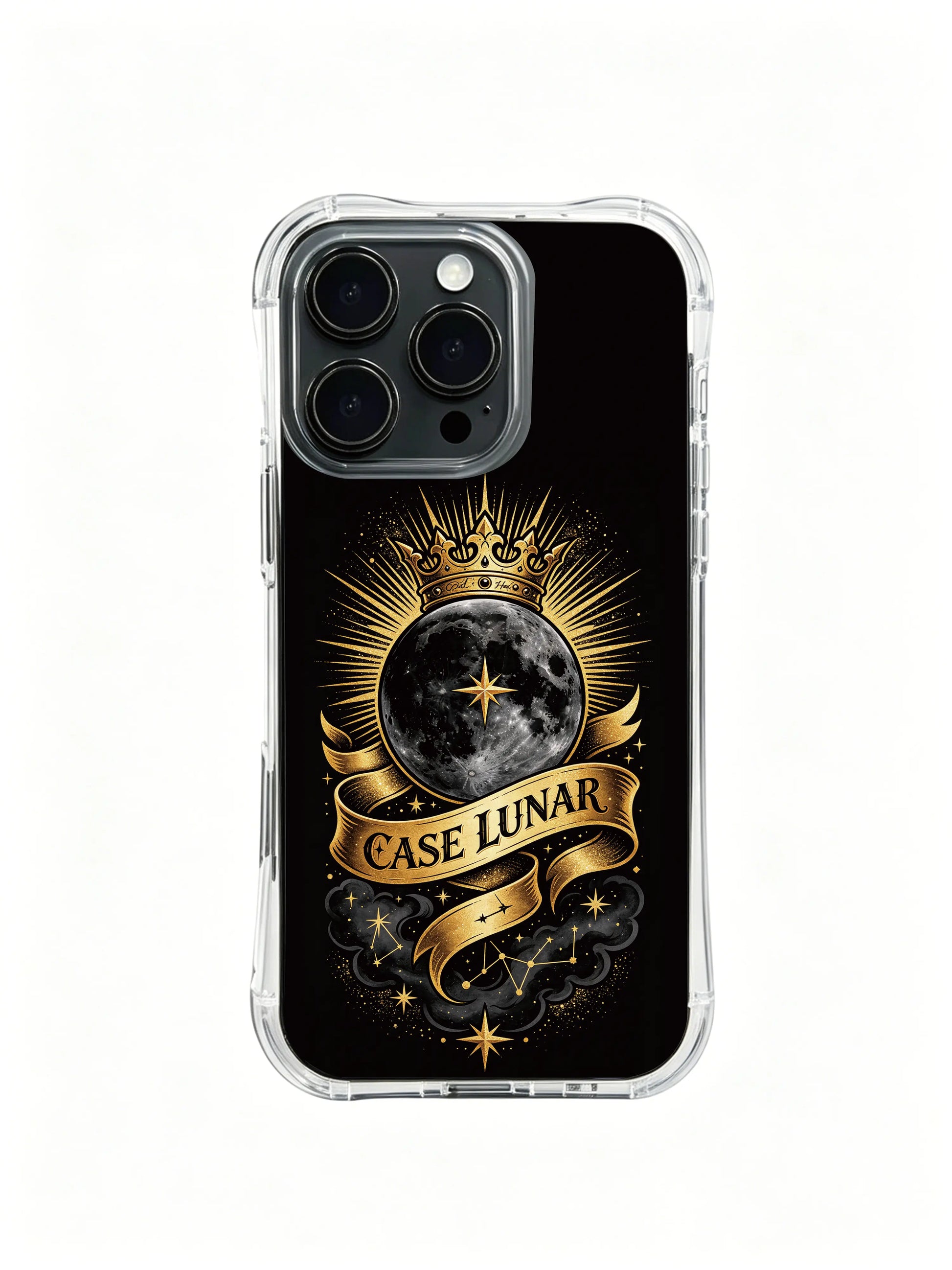 Precise lunar geometry with bold hard outline PhoneCasing, decorative artistic iPhone 14 Plus Case, slim lightweight portable casing.