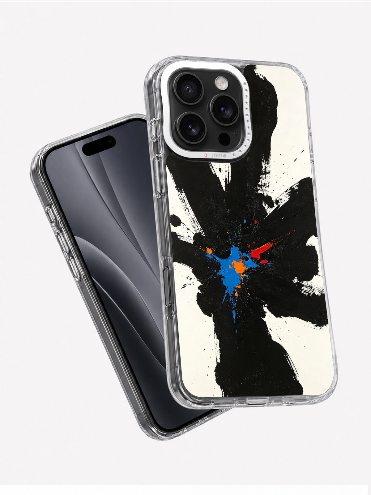 Black brushstroke art iPhone 16 Pro Max case angled view