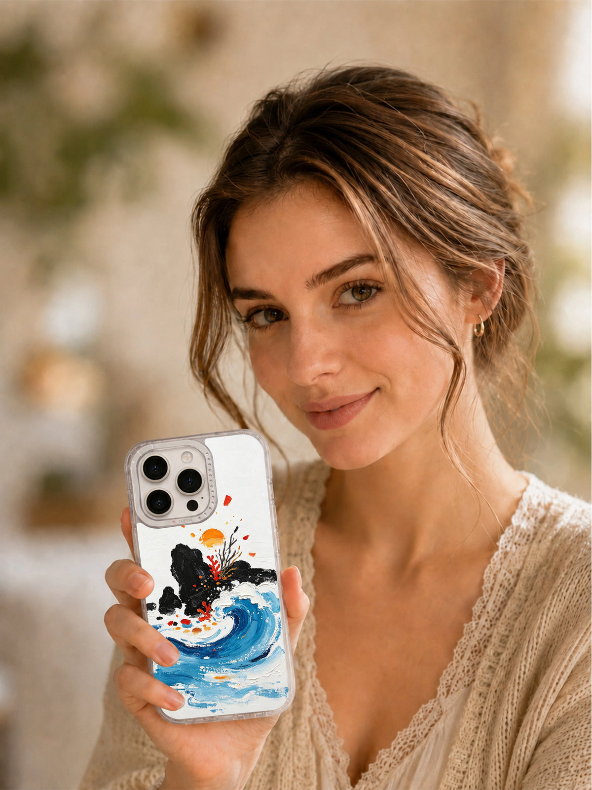 Artist-designed Ocean Memory Fragments iPhone case lifestyle view