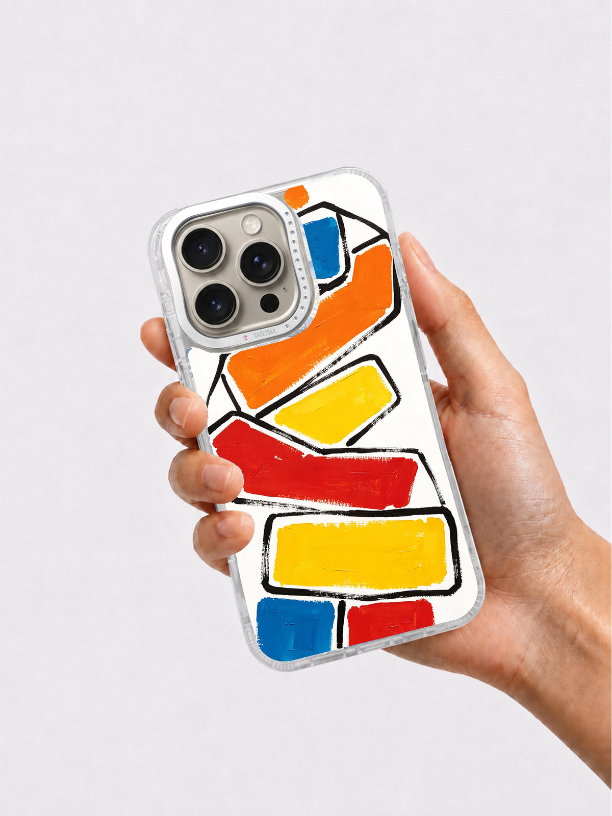 Vibrant geometric phone case lifestyle view