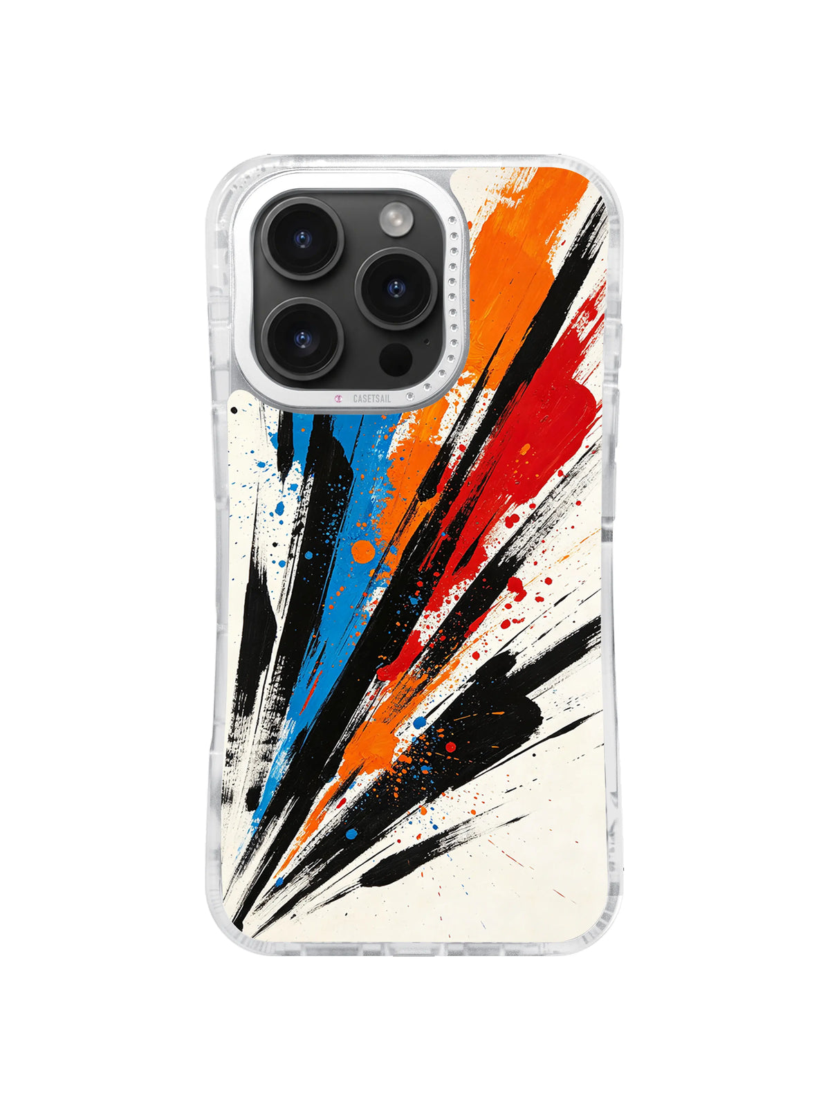 Dynamic red orange blue and black brushstroke artwork for iPhone 16 Pro Max case