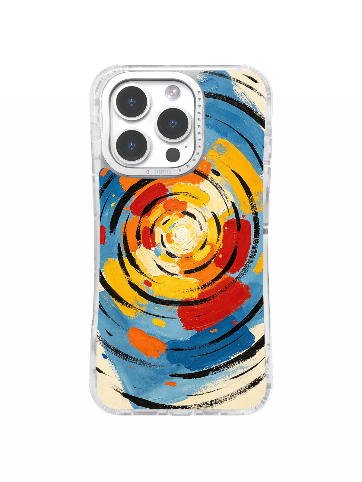 Spiraling blue yellow orange and red abstract artwork for iPhone 16 Pro Max case