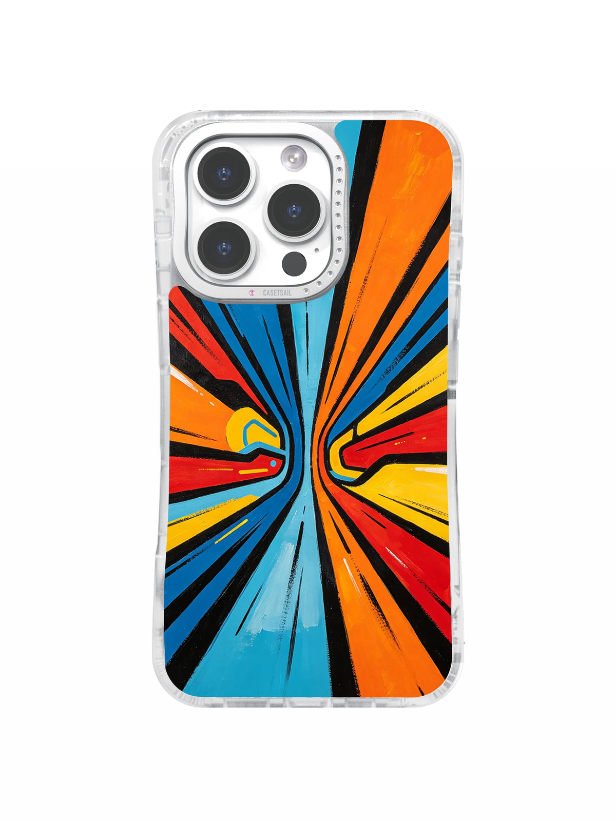 Red orange yellow and blue futuristic speed tunnel artwork for iPhone 16 Pro Max case