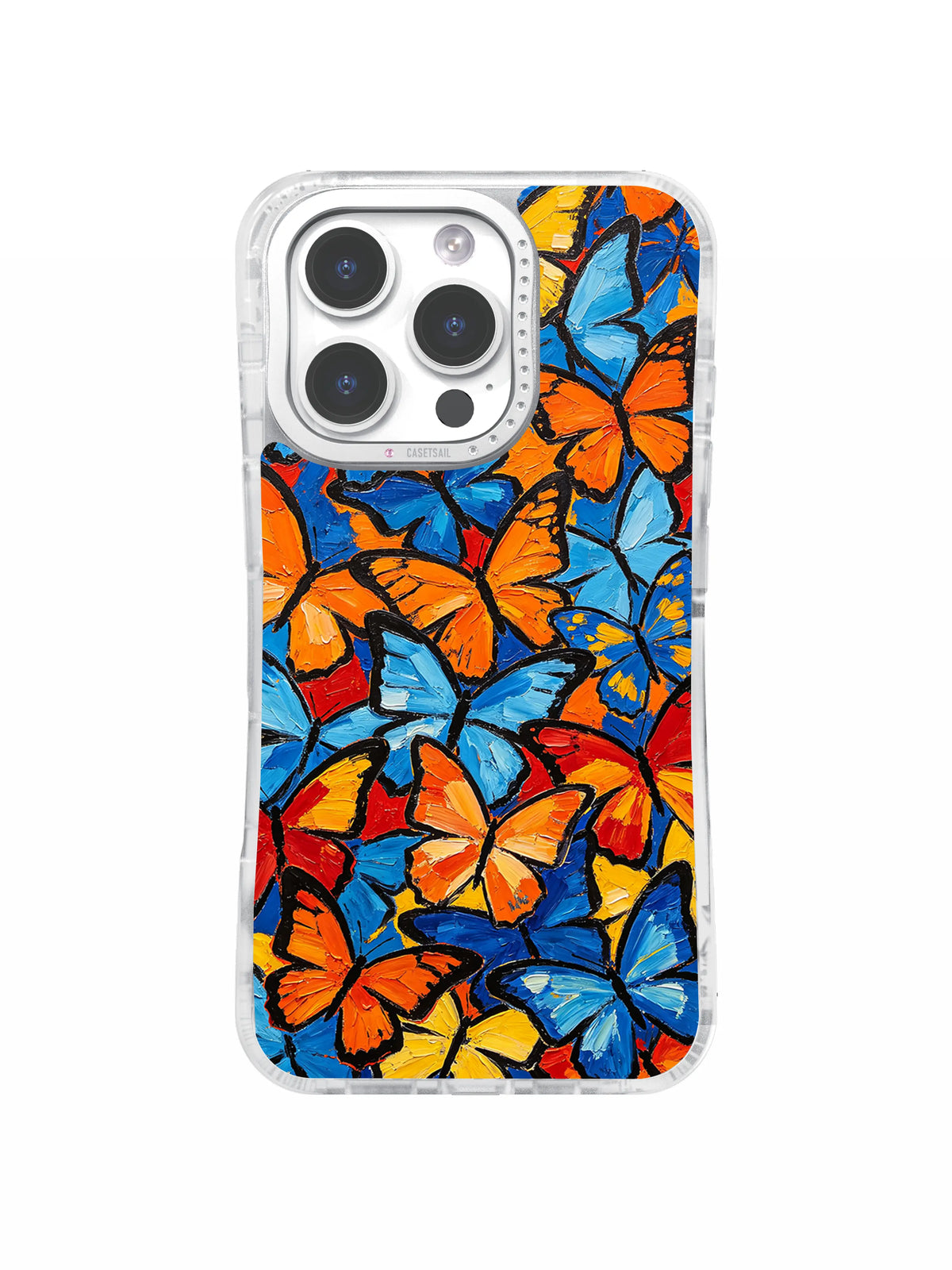 Dense orange blue red and yellow butterfly artwork for iPhone 16 Pro Max case