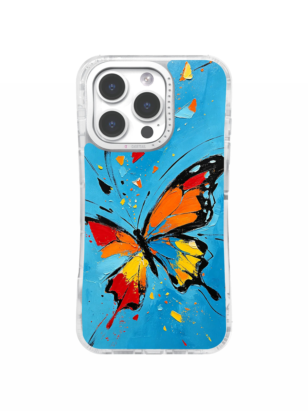 Orange yellow red and black abstract butterfly artwork on blue for iPhone 16 Pro Max case
