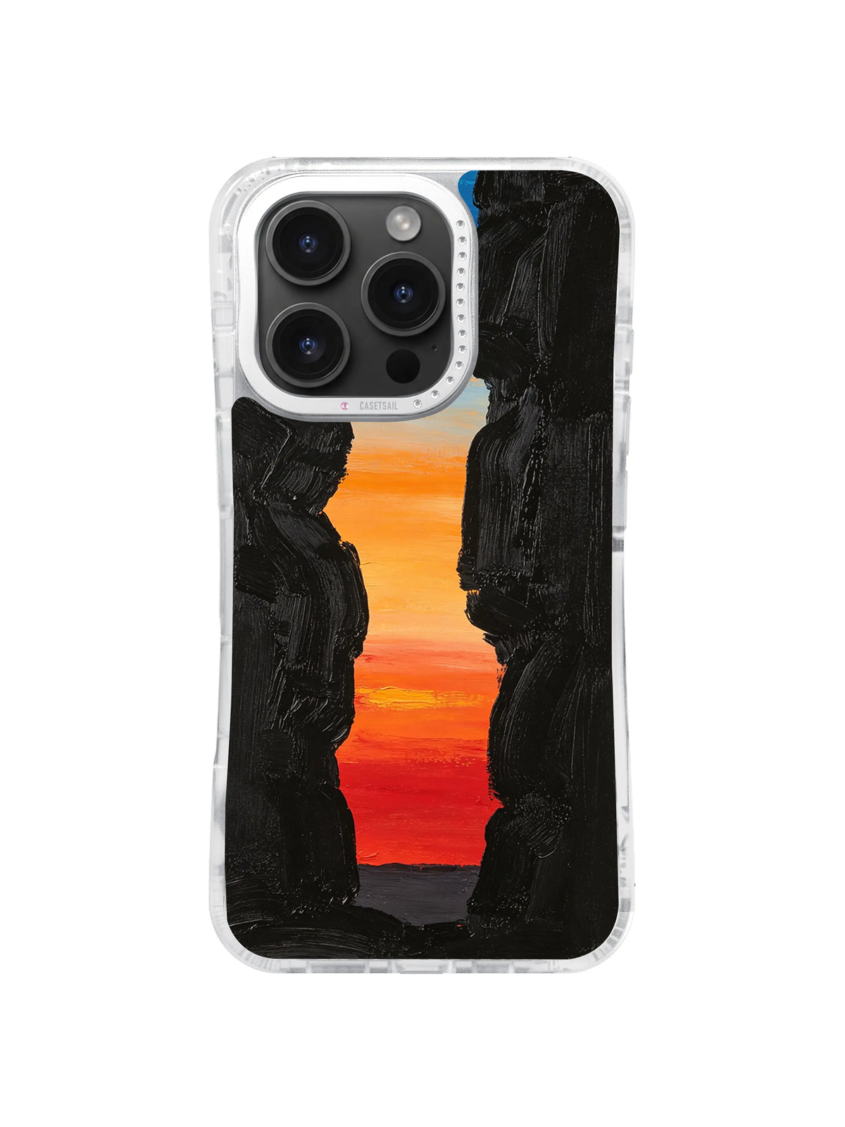 Narrow black canyon framing orange red sunset artwork for iPhone 16 Pro Max case