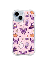 Magic Butterfly Halloween iPhone 14 Plus case front view with purple butterflies on pink