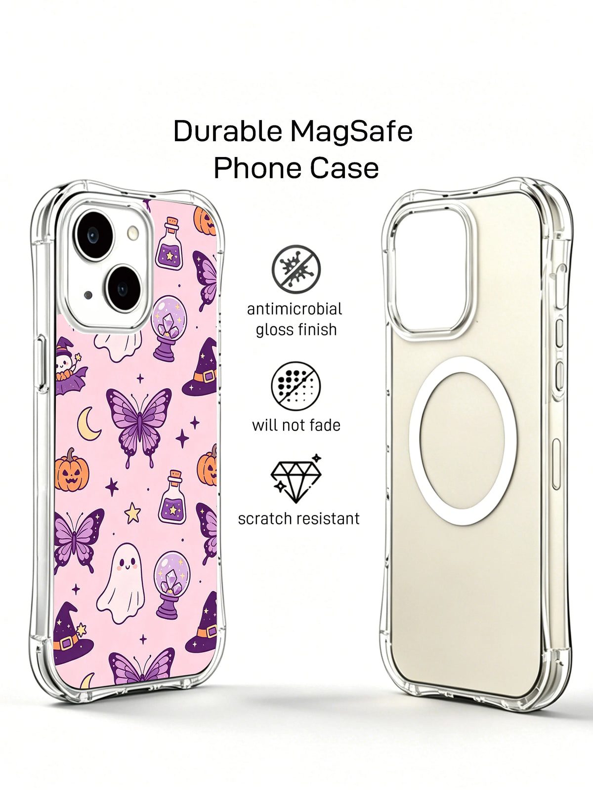 Purple butterfly Halloween iPhone 14 Plus case angled product view