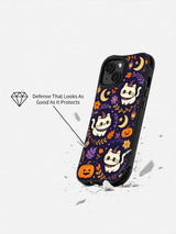 Magic Cat Halloween Night iPhone 14 case shown in a drop demonstration