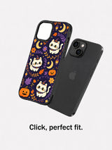 Magic Cat Halloween Night iPhone 14 case shown beside the phone for fit
