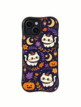 Magic Cat Halloween Night iPhone 14 case front view with kittens pumpkins moons and flowers