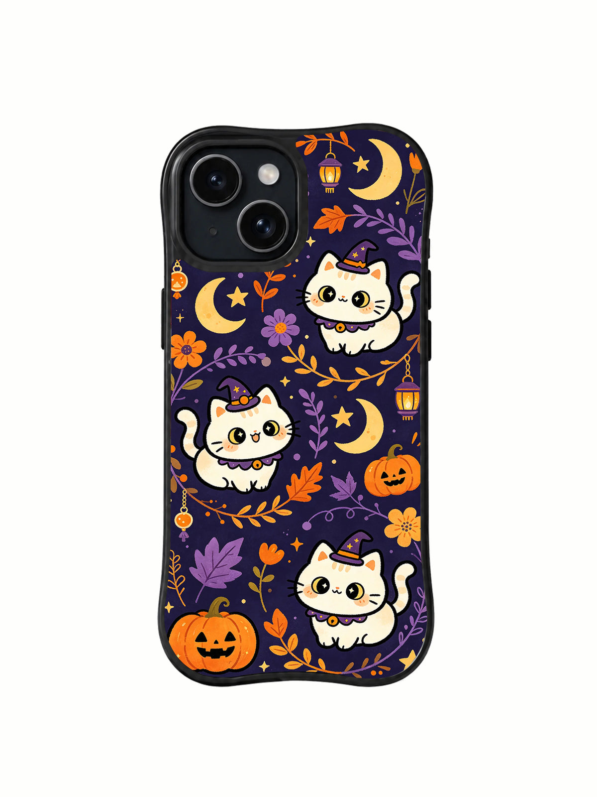 Magic Cat Halloween Night iPhone 14 case front view with kittens pumpkins moons and flowers