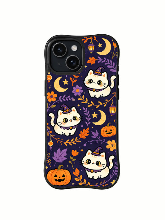 Magic Cat Halloween Night iPhone 14 case front view with kittens pumpkins moons and flowers