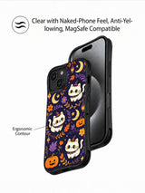 Magic Cat Halloween Night iPhone 14 case angled view showing its contoured shape