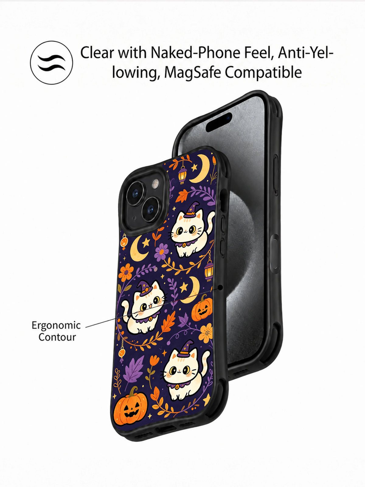 Magic Cat Halloween Night iPhone 14 case angled view showing its contoured shape