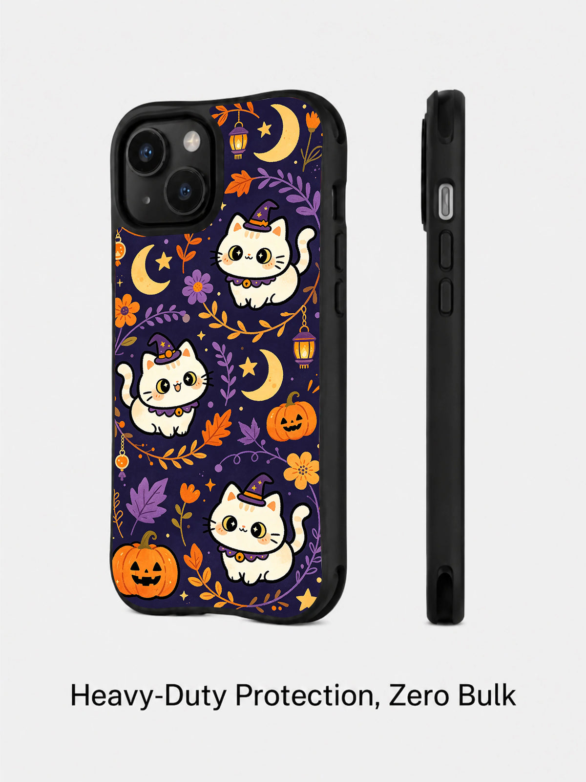 Magic Cat Halloween Night iPhone 14 case angled and side profile view
