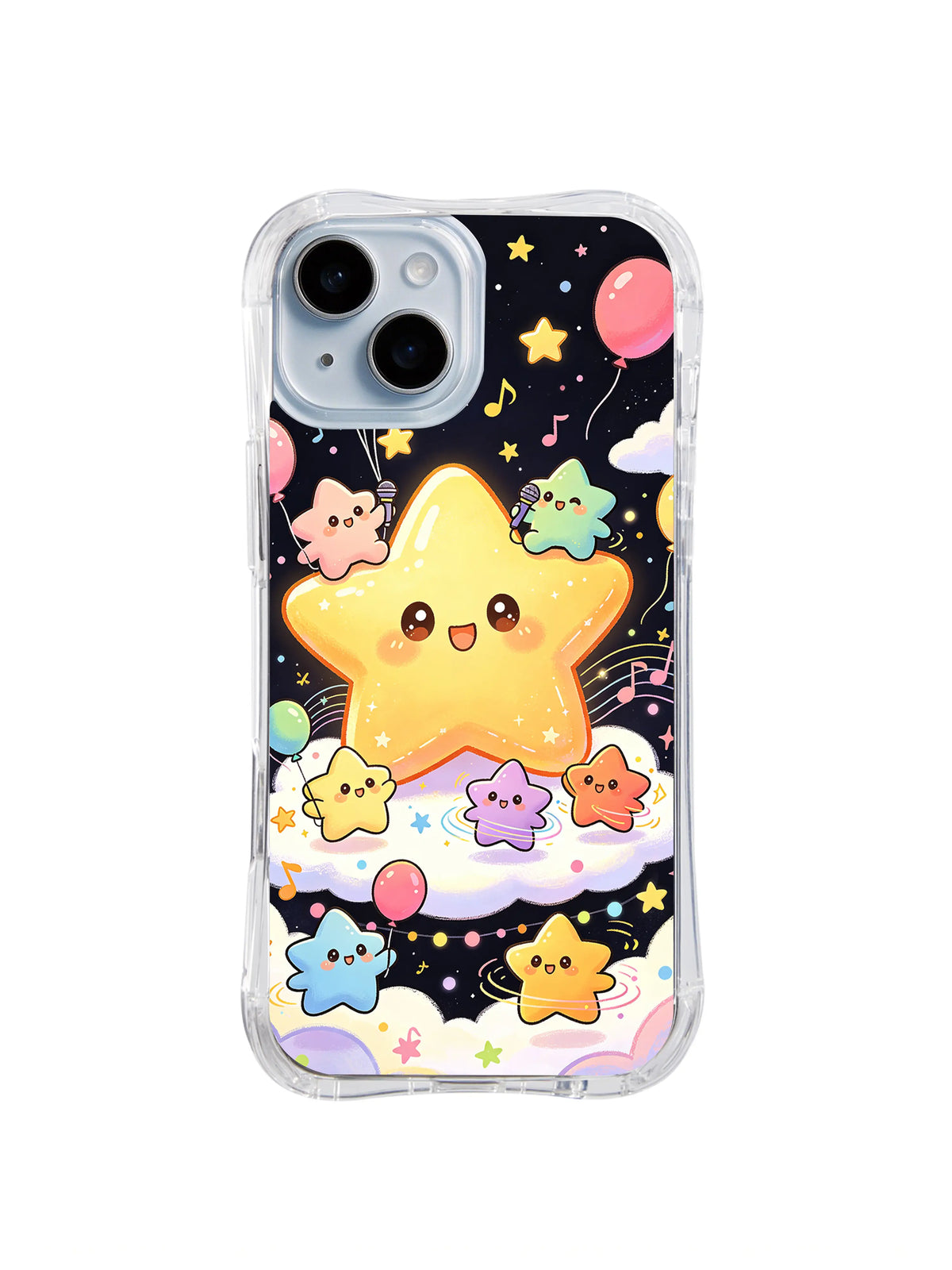 Celestial Star Concert: A large glowing yellow star stands with small colorful stars, balloons and musical notes.