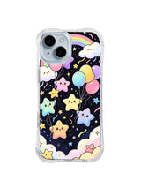 Cloud Parade Balloons: Pastel star characters drift with colorful balloons between rainbows and clouds.