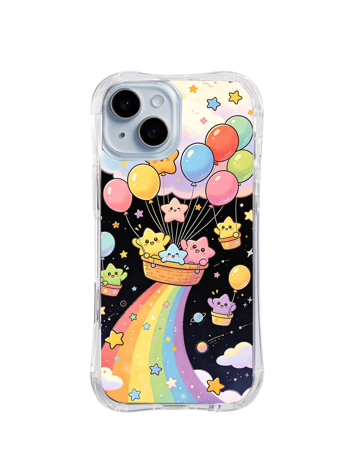 Rainbow Balloon Basket: Smiling star friends ride a basket beneath colorful balloons above a rainbow trail.