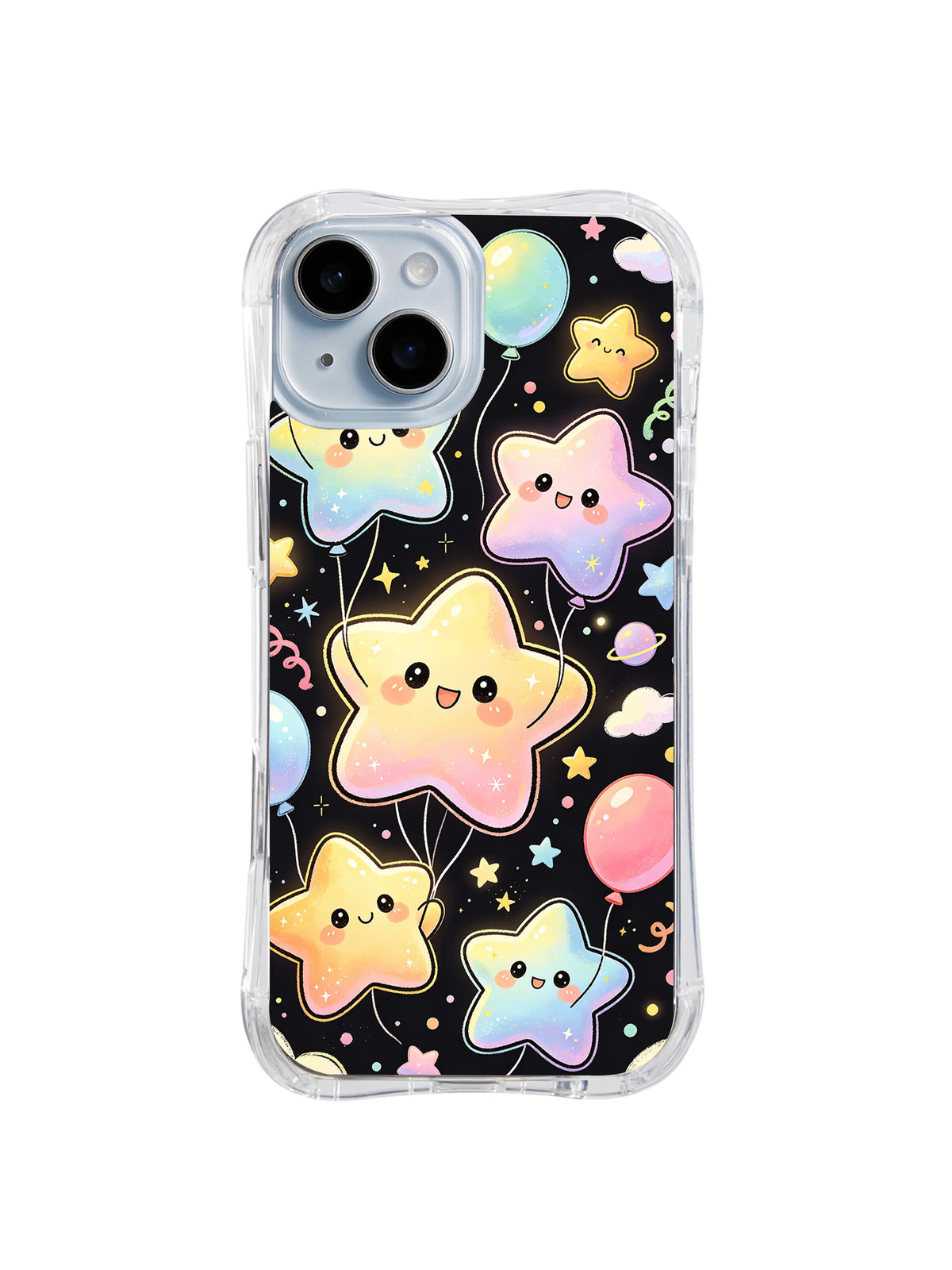Rainbow Star Balloons: Smiling pastel stars float like balloons among planets, ribbons and tiny stars on black.