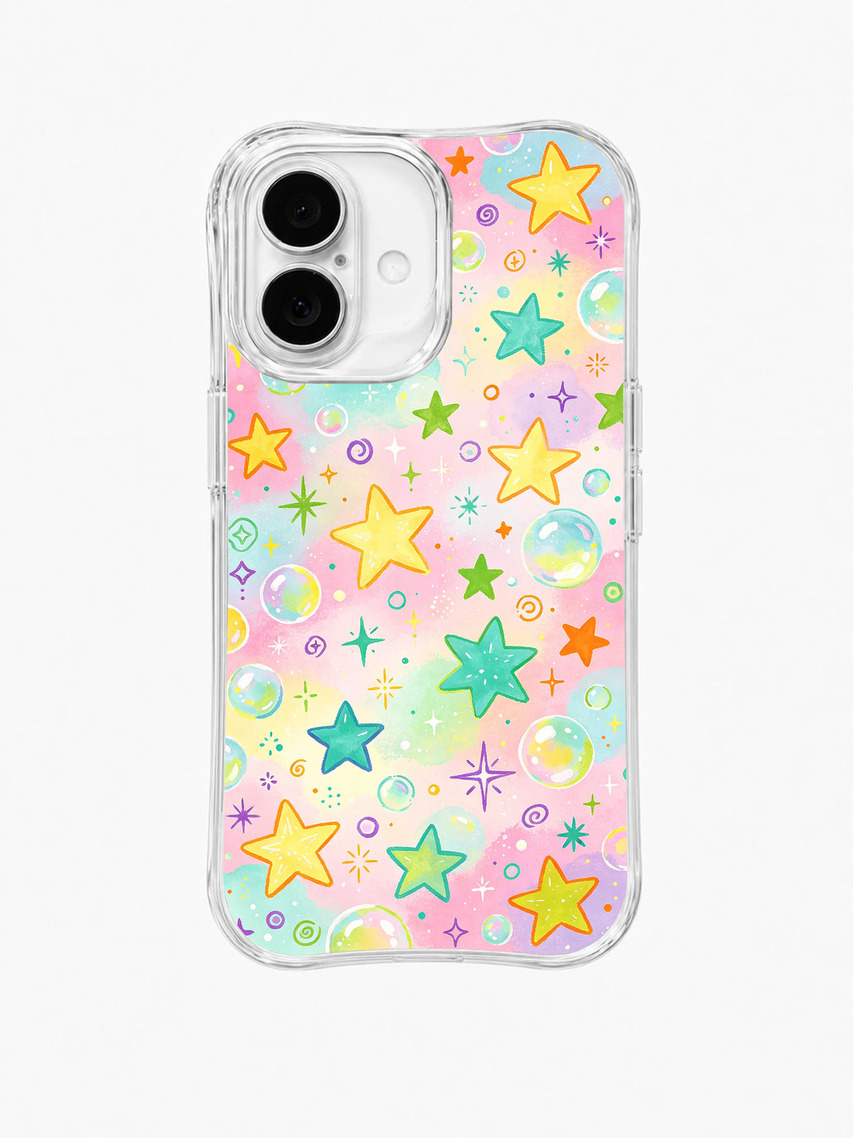 Pastel Star Bubble Sky: Yumuşak sarı, turkuaz ve turuncu yıldızlar pastel pembe zeminde baloncuklarla dağılır.
