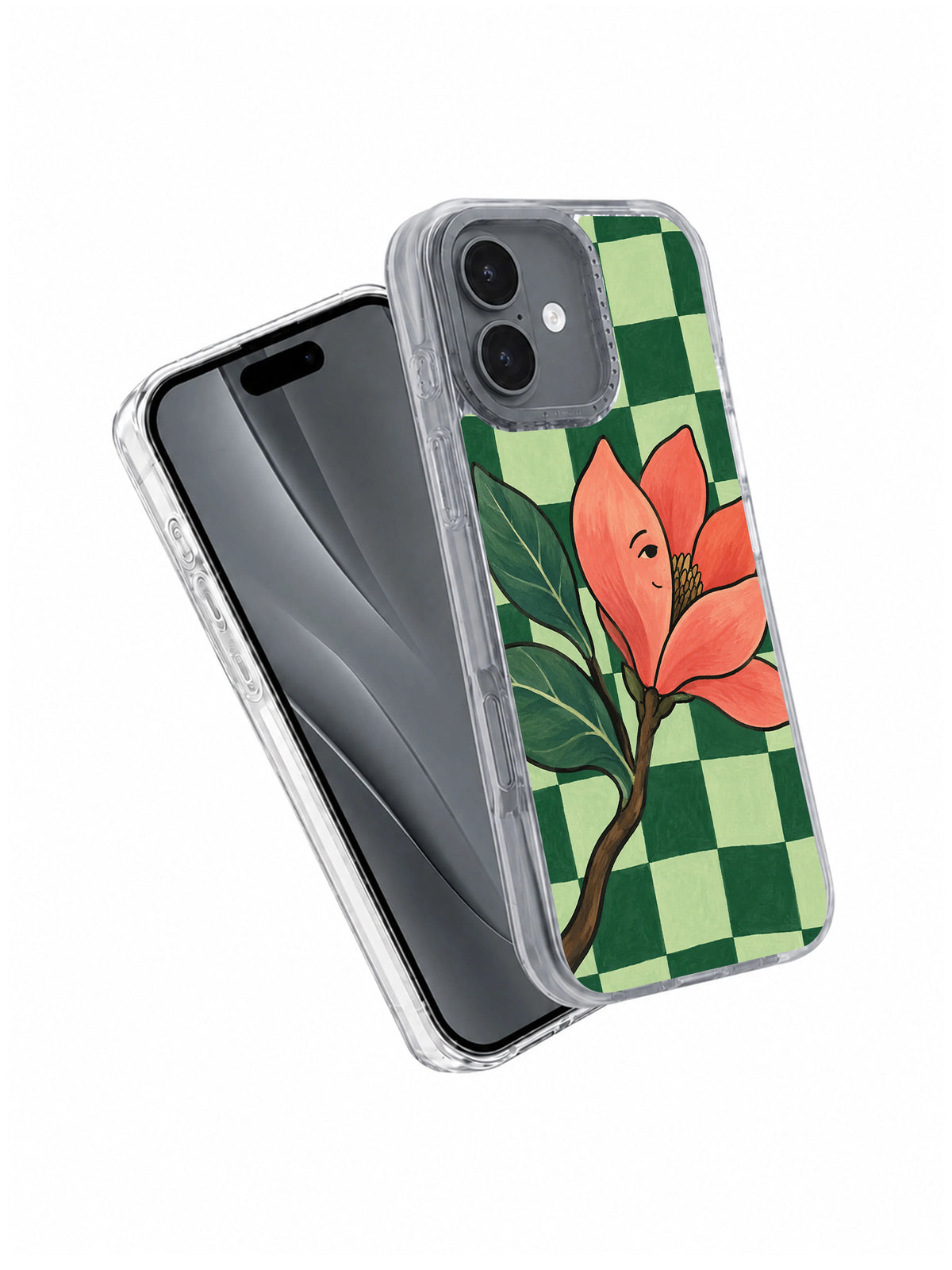 Magnolia Against the Wind iPhone 17 case angled front and back view