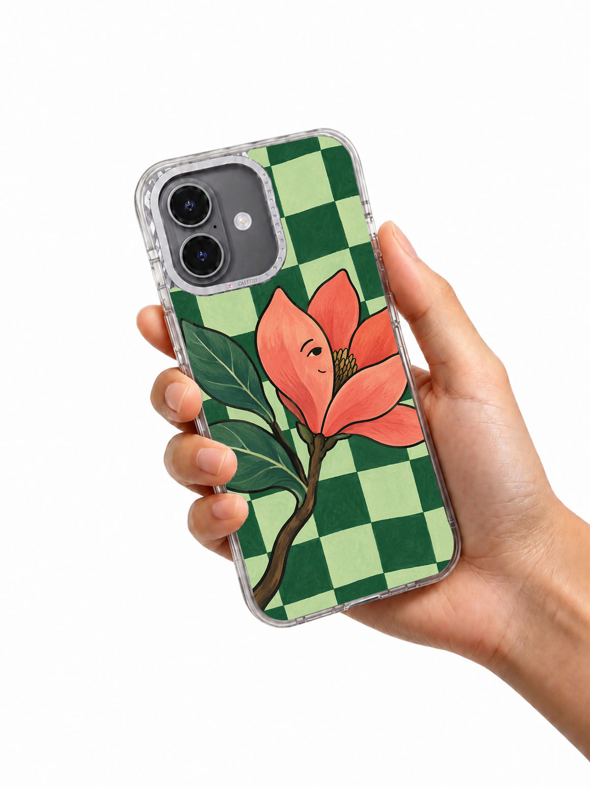 Magnolia Against the Wind floral iPhone 17 case held in hand
