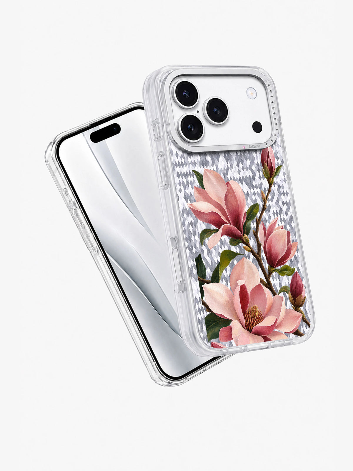 Magnolia Crossing transparent iPhone case angled view