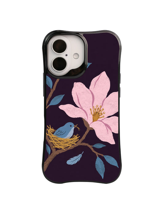 Magnolia iPhone case pattern with porcelain-pink flower, blue-teal bird and mustard nest
