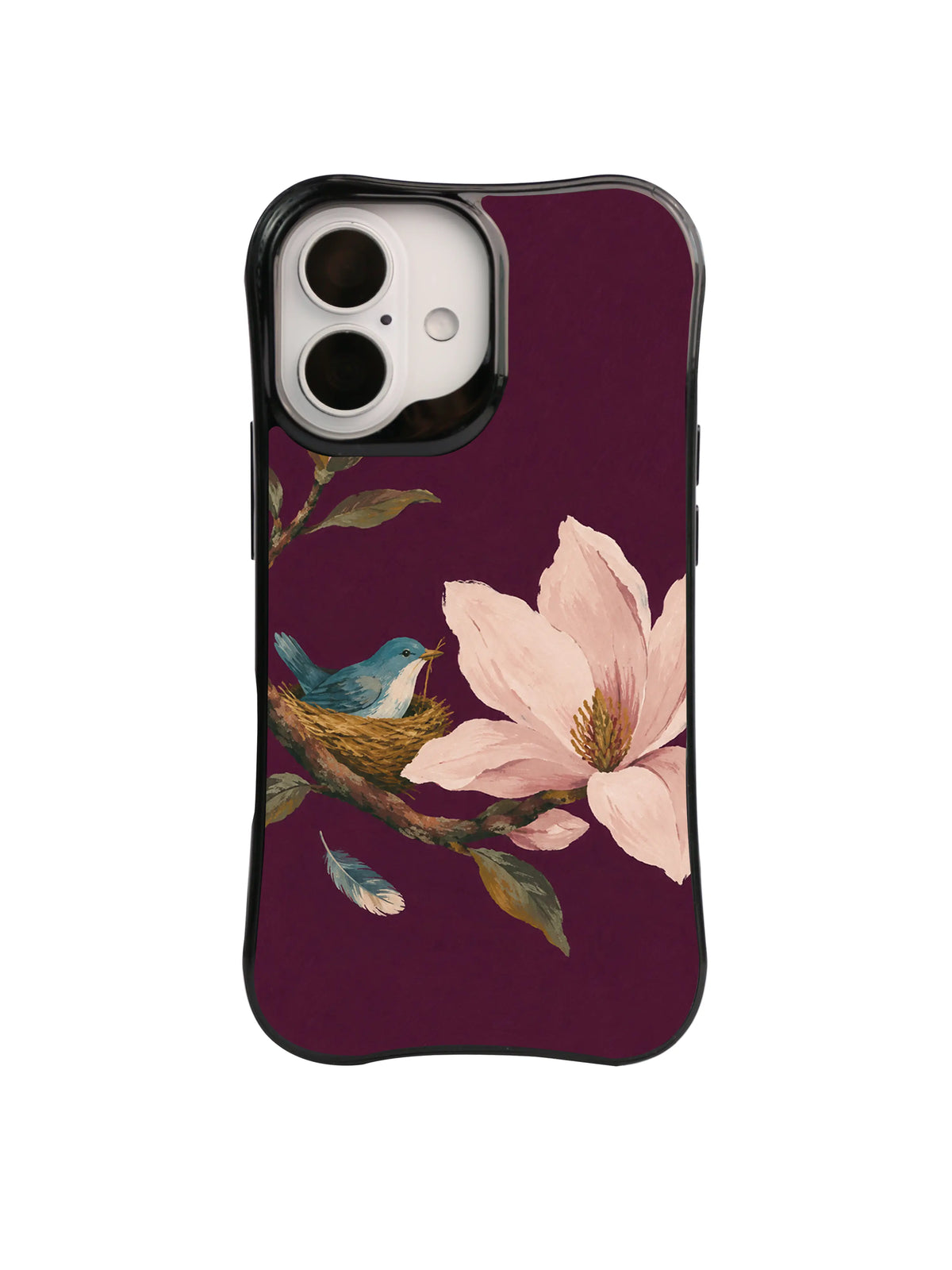Open blossom iPhone case pattern with porcelain-pink magnolia and fallen feather