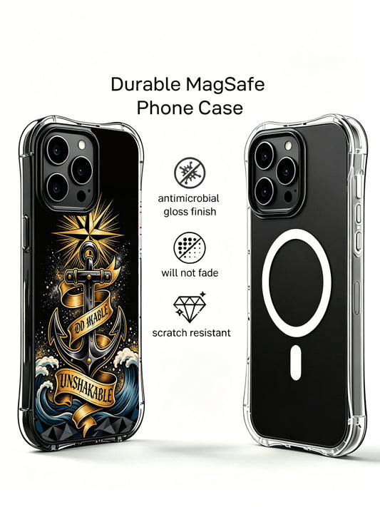 Maine coastline rusted anchor PhoneCasing, artistic iPhone 14 Plus Case with geometric storm wave design, scratch resistant durable iPhone 14 Plus casing.