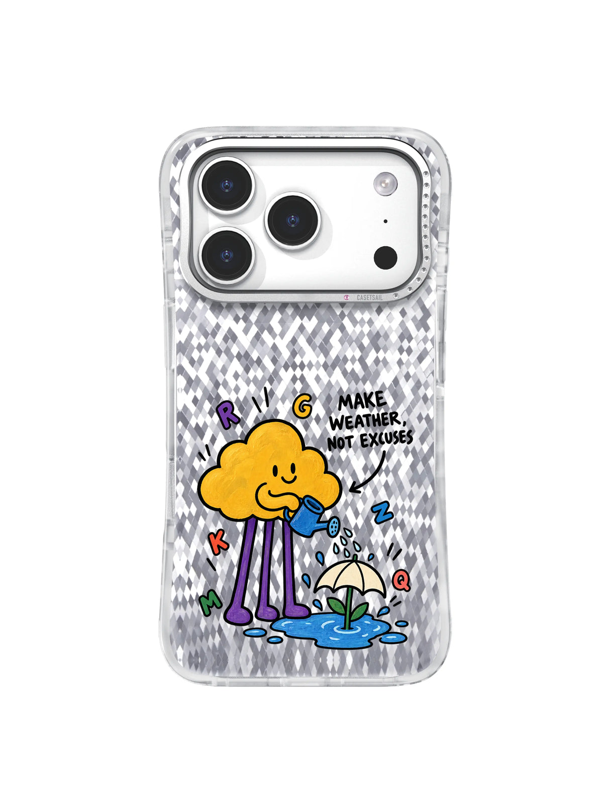 Blue Puddle Builder artwork for Make Weather, Not Excuses iPhone 16 Case with purple cloud legs and a growing umbrella