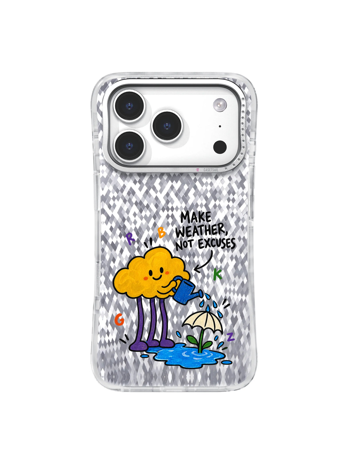 Cream Umbrella Garden artwork for Make Weather, Not Excuses iPhone 16 Case with a yellow cloud watering a blue puddle