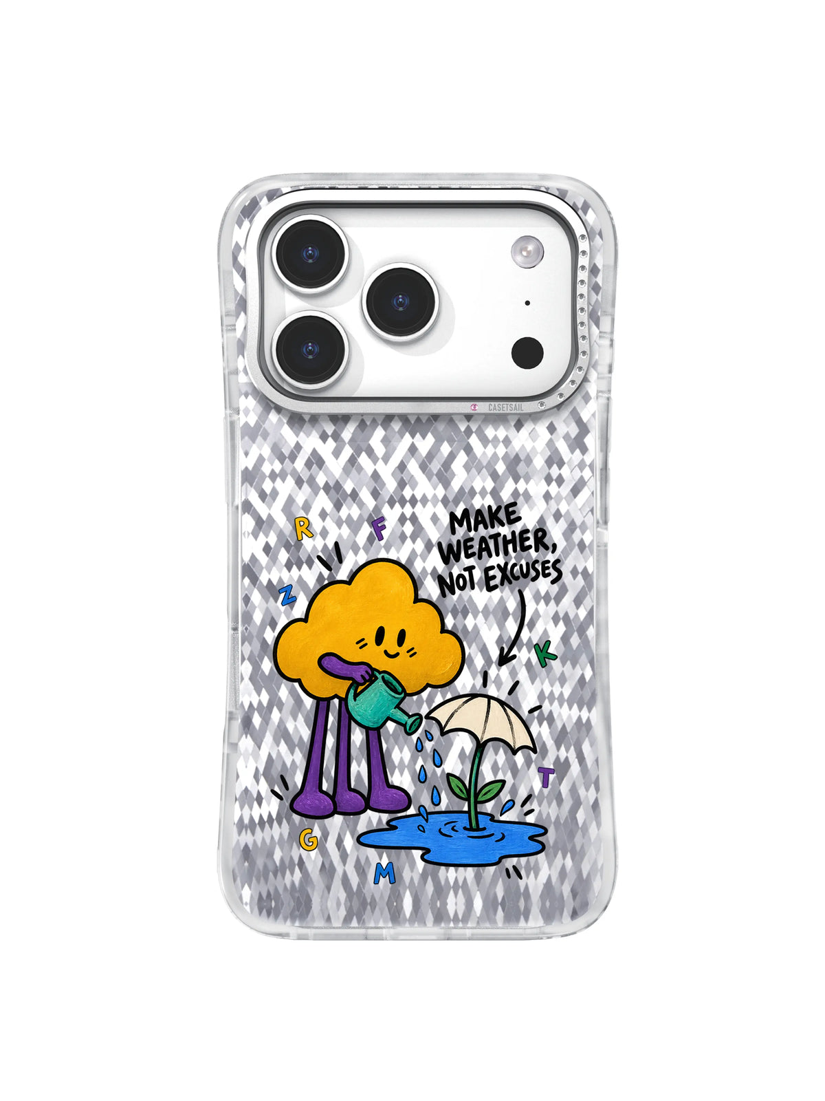 Green Umbrella Sprout artwork for Make Weather, Not Excuses iPhone 16 Case with a yellow cloud and tiny cream umbrella