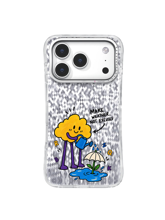 Sunny Weather Maker artwork for Make Weather, Not Excuses iPhone 16 Case with a yellow cloud watering a blue puddle