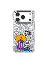 Tiny Rain Shelter artwork for Make Weather, Not Excuses iPhone 16 Case with hand-drawn cloud, puddle, and umbrella