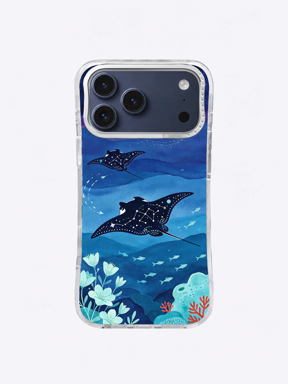 Midnight manta rays gliding through constellation-like ocean patterns on an iPhone case