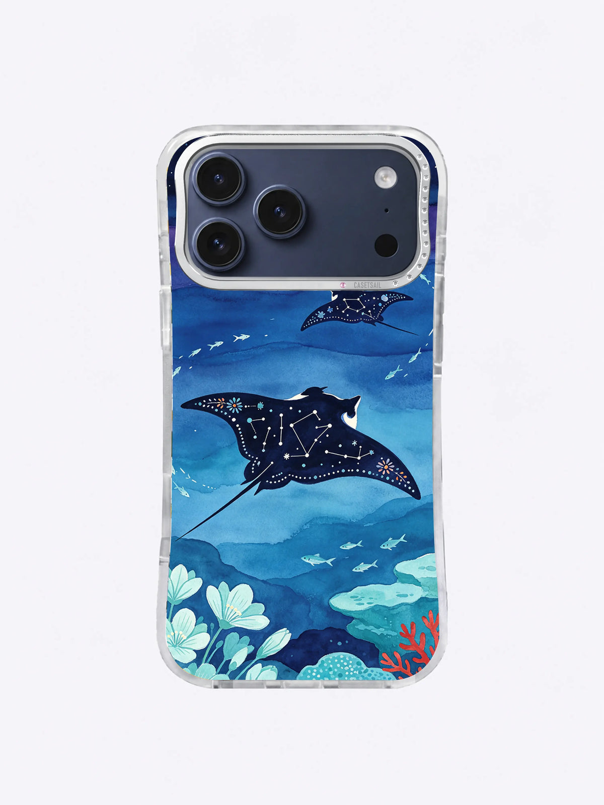 Patterned manta ray above pale aqua sea lilies on an iPhone case