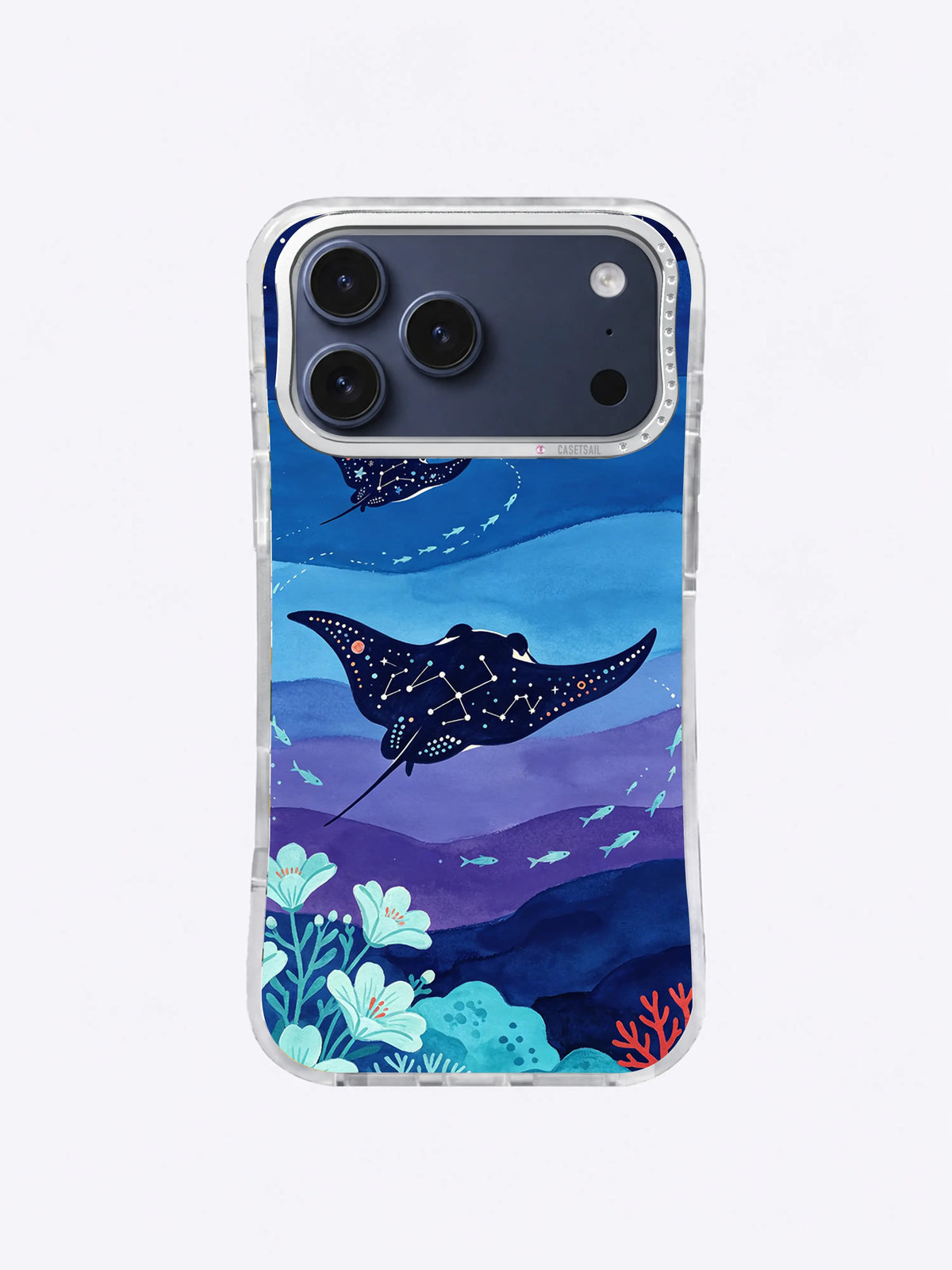 Silver fish curving around manta rays in deep blue water on an iPhone case