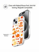Maple Cat Thanksgiving Stroll: Tanıtım panelinde telefon önüyle üst üste gösterilen desenli kılıf arkası.